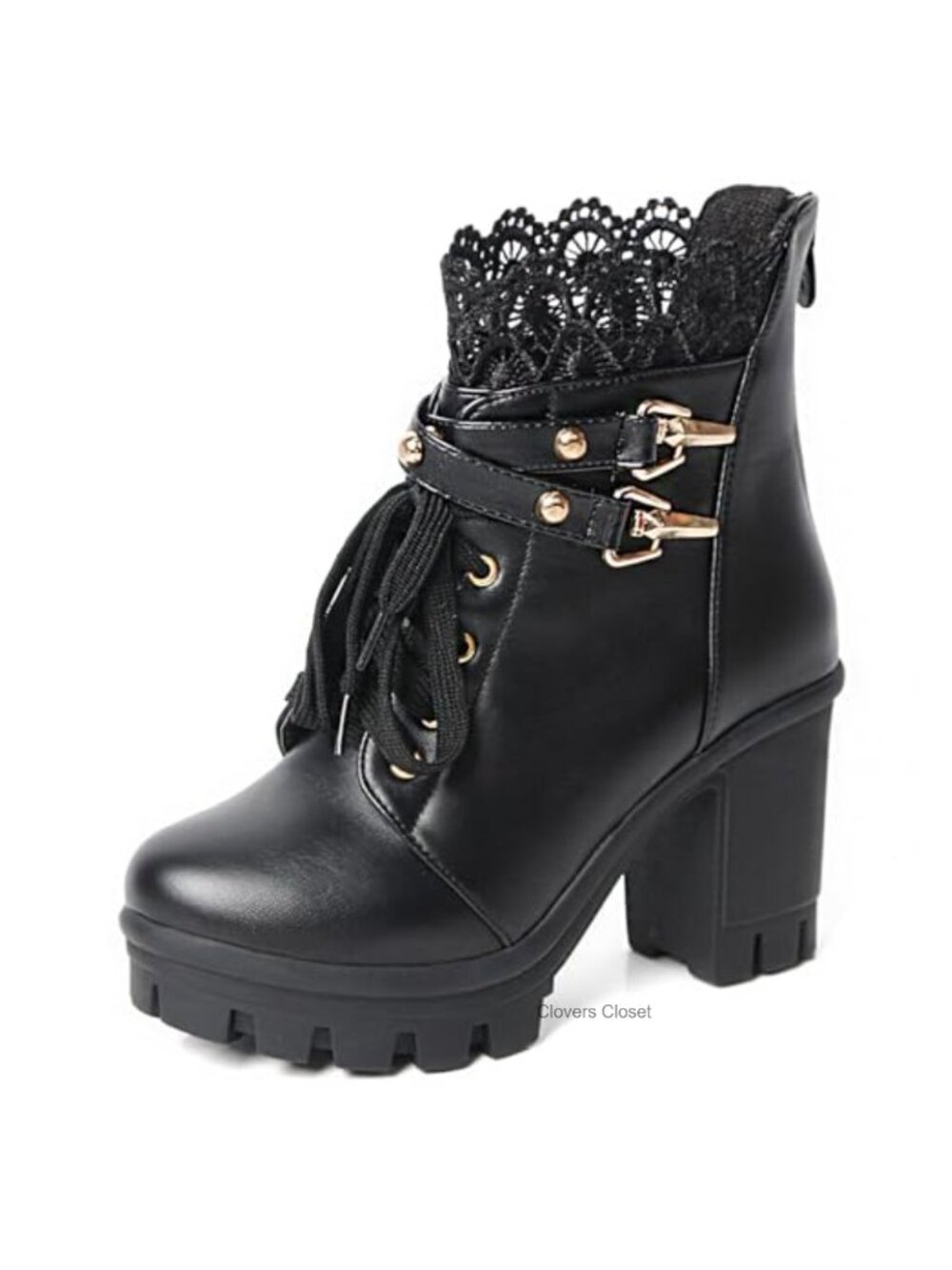 Black Platform Chunky Combat Boots Lace Up Side Zipper PU Leather Ankle Goth